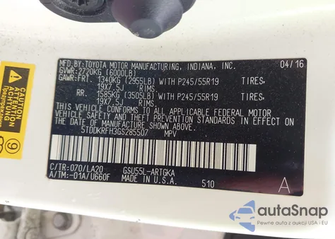 2016 Toyota Highlander Limited/Ltd Platinum из США, поврежденный, VIN 5TDDKRFH3GS285507